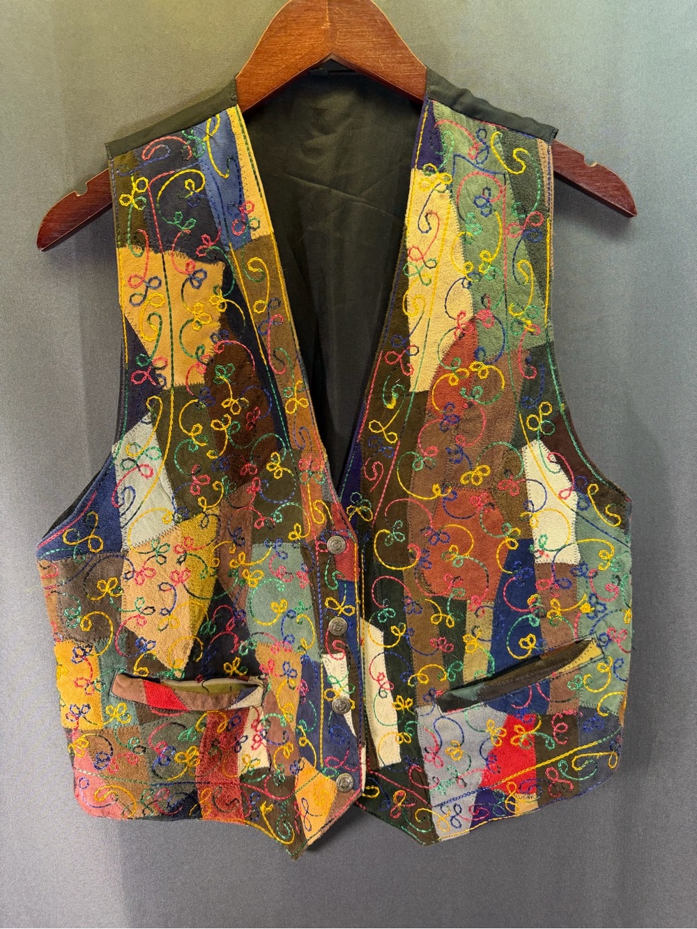 Vintage Patchwork Leather Vest Suede Womens SZ M Retro 70’s Hippie Boho Design